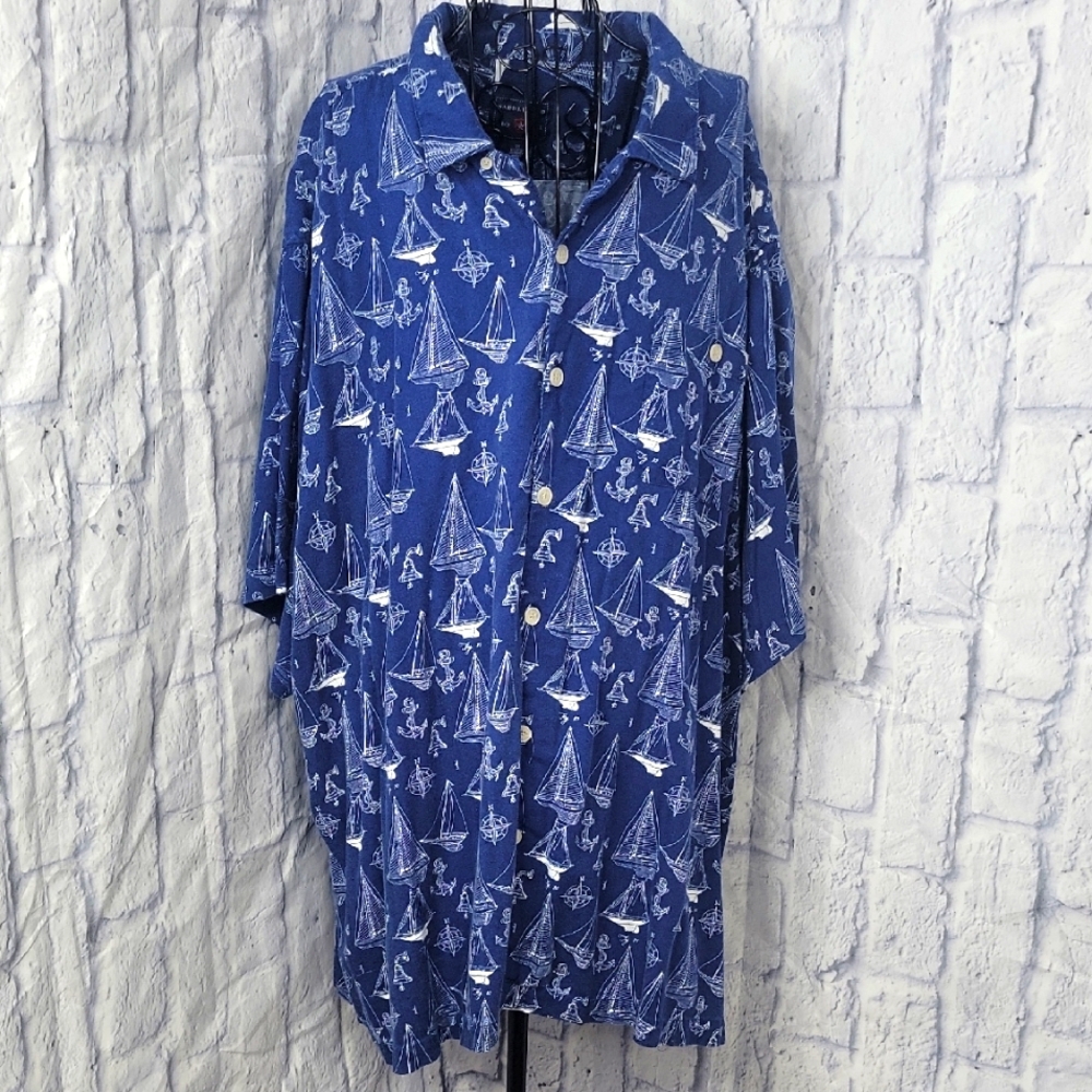 Saddlebred Blue Sailboat‎ Print Casual Button Down Shirt 4X
